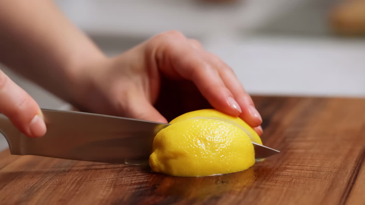 Person cutting a lemon with a knife on a wooden board