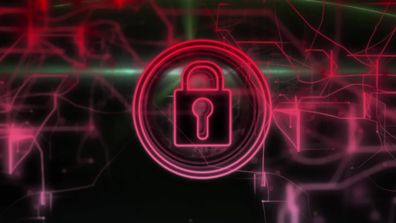 animación de iconos con conexiones y procesamiento de datos sobre fondo oscuro