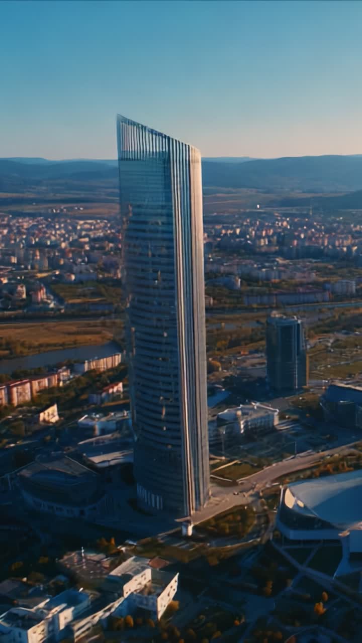 Una splendida vista aerea di un moderno grattacielo circondato da un paesaggio urbano e da montagne panoramiche in un cielo limpido e luminoso durante il tramonto