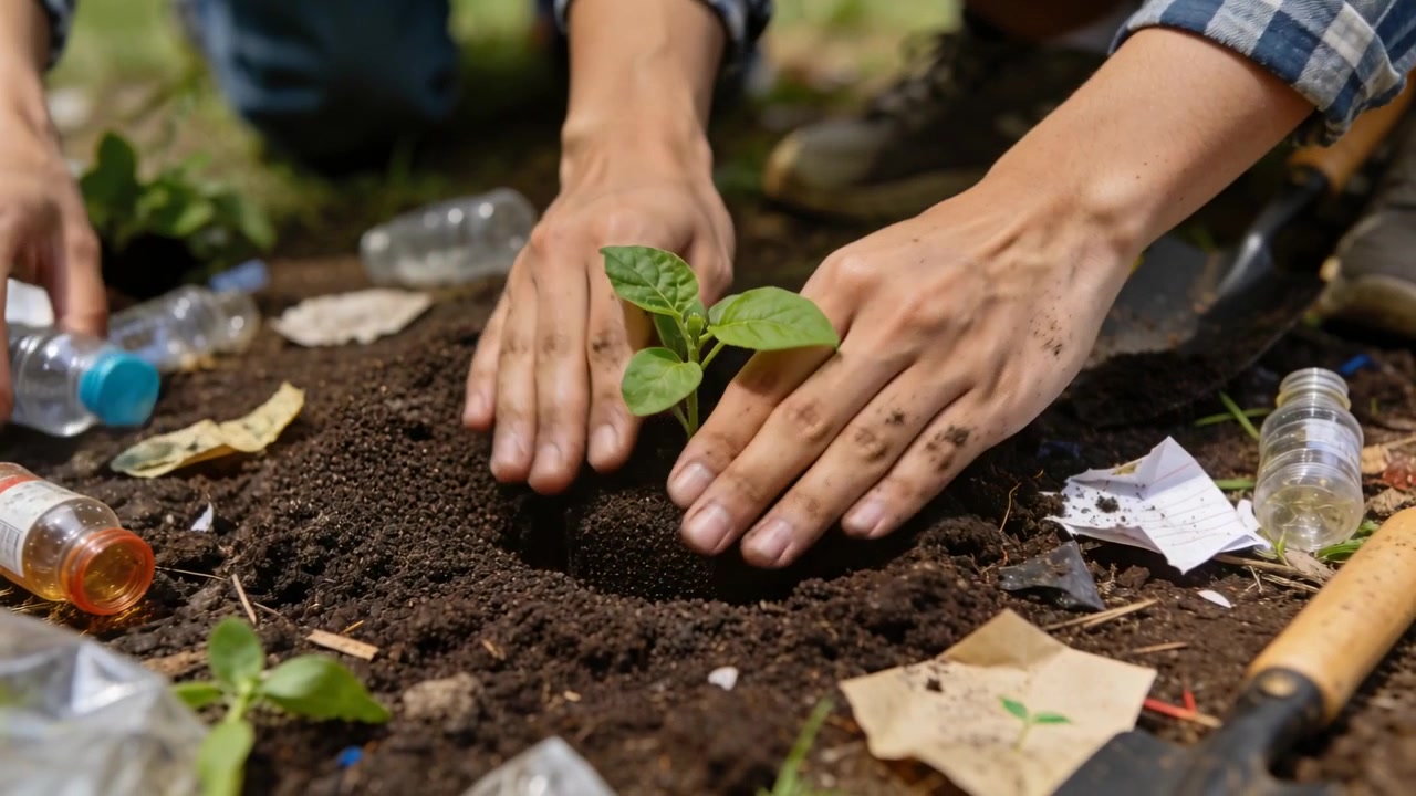 Posizionando il pacchetto, giardiniere con maniche a quadri che trapianta e annaffia una piantina in giardino per le radici