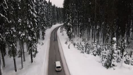 aerial view, white vehicle moving on clean road in snowy winter forest landscape on cloudy day