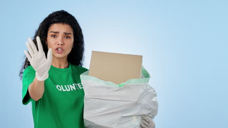 Recycle,-woman-and-volunteer-face-in-studio