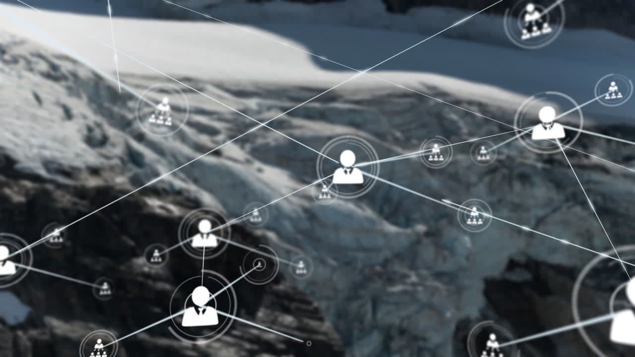 animación de la red de conexiones con las personas iconos sobre el paisaje