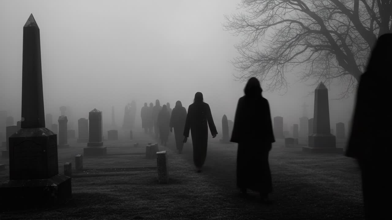 Mysterious Figures Walking Through a Foggy Cemetery at Dusk, Shrouded in Mist and Shadows, Evoking a Sense of Haunting Atmosphere and Dark Unknown