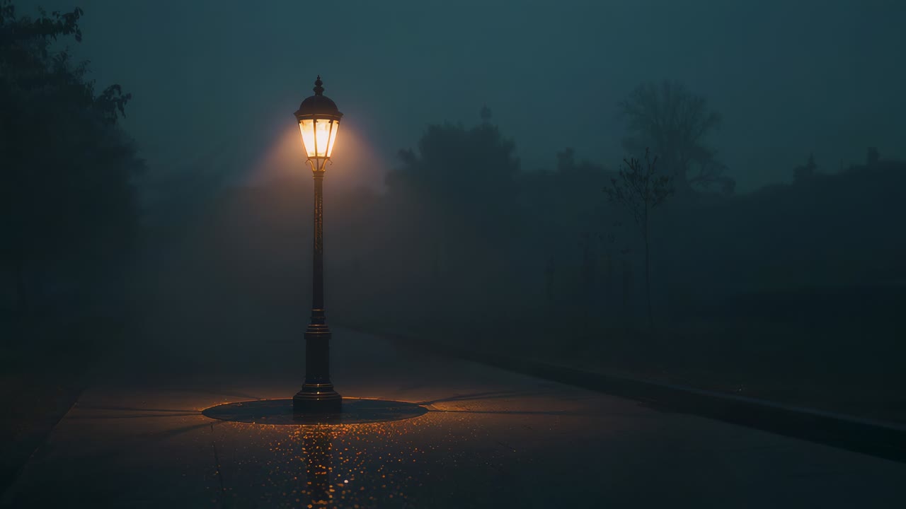 Glowing vintage street lamp casting amber light on round base in park, puddle reflecting fog