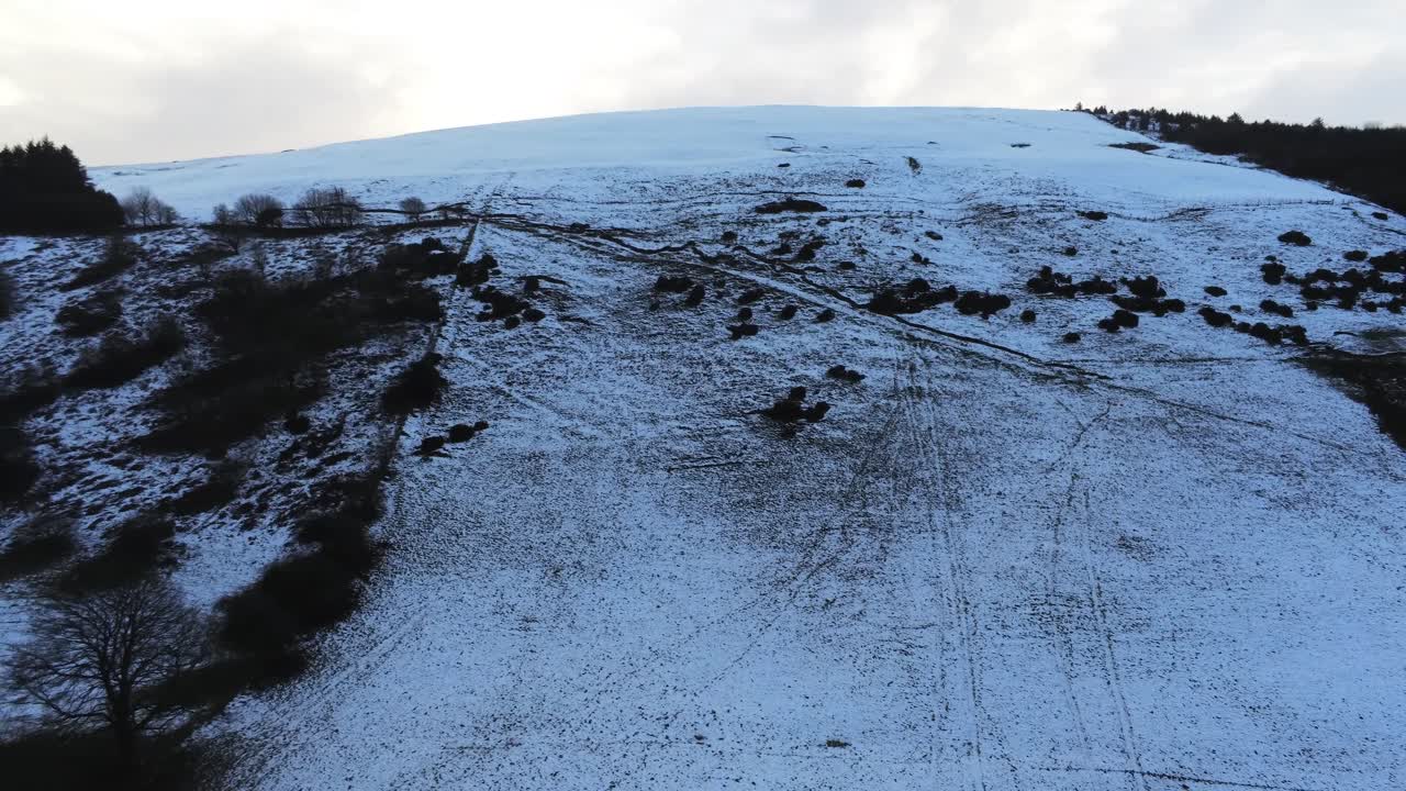 Moel Famau, valle montuosa gallese innevata, vista aerea. Paesaggio invernale rurale e agricolo freddo, panoramica a sinistra.