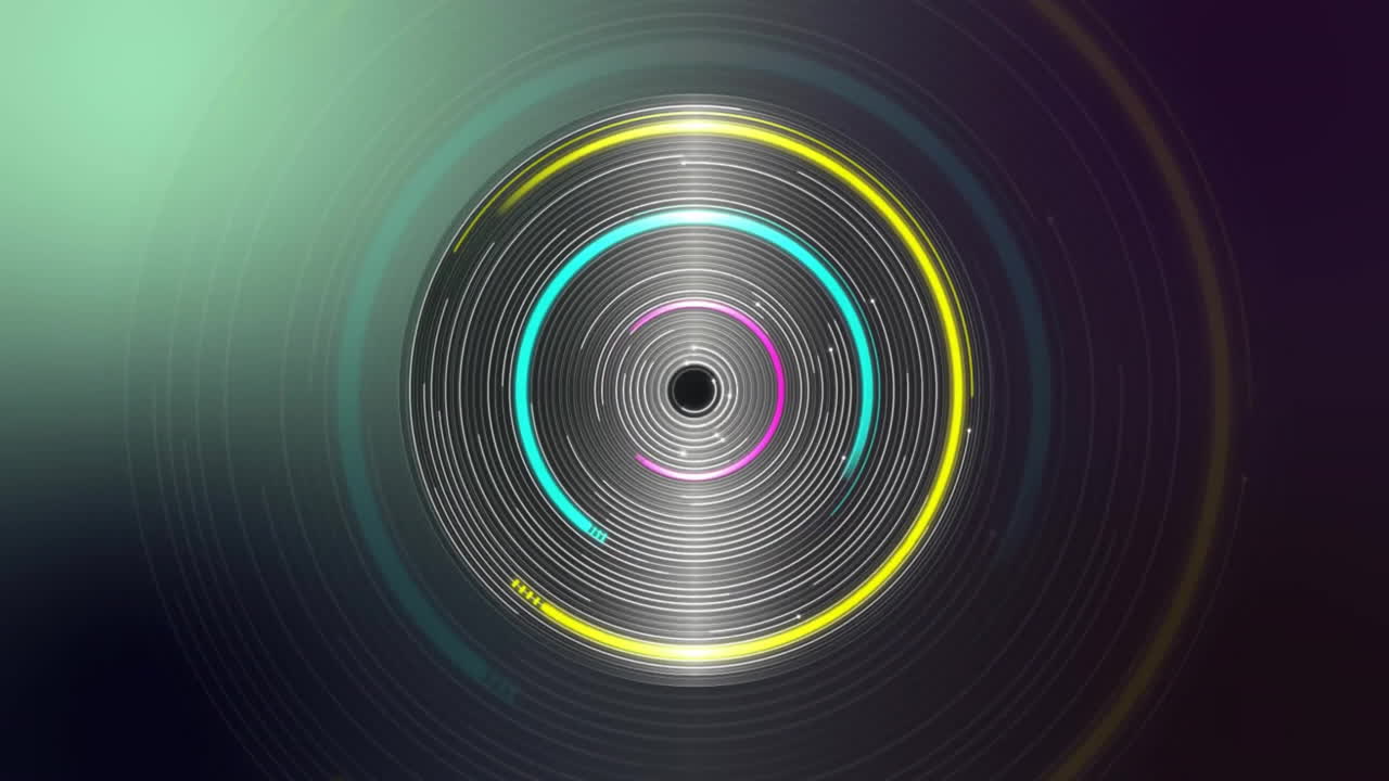Animation of glowing circles of light spinning on black background