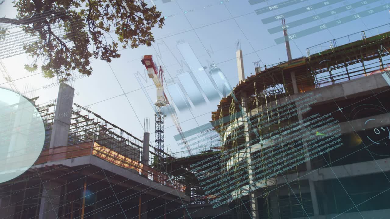 Feed arriving, HUD overlays sliding and growing over construction site and crane, showing progress