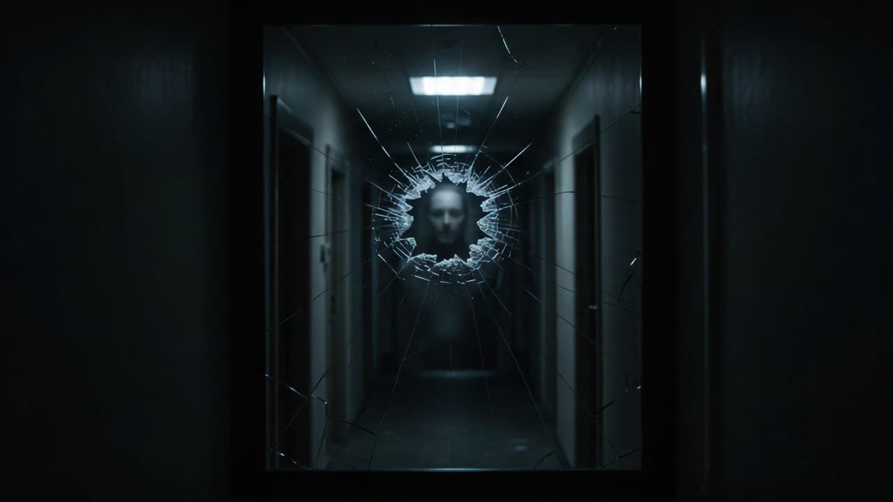 A Tension-filled Encounter in a Dimly Lit Hallway with a Fractured Reflection; The Eerie Presence Captured Through the Broken Glass, Conveys a Sense of Fearful Anticipation