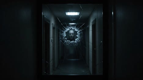 a tension-filled encounter in a dimly lit hallway with a fractured reflection; the eerie presence captured through the broken glass, conveys a sense of fearful anticipation