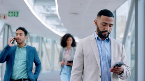 Walking,-business-people-and-phone-in-airport-to