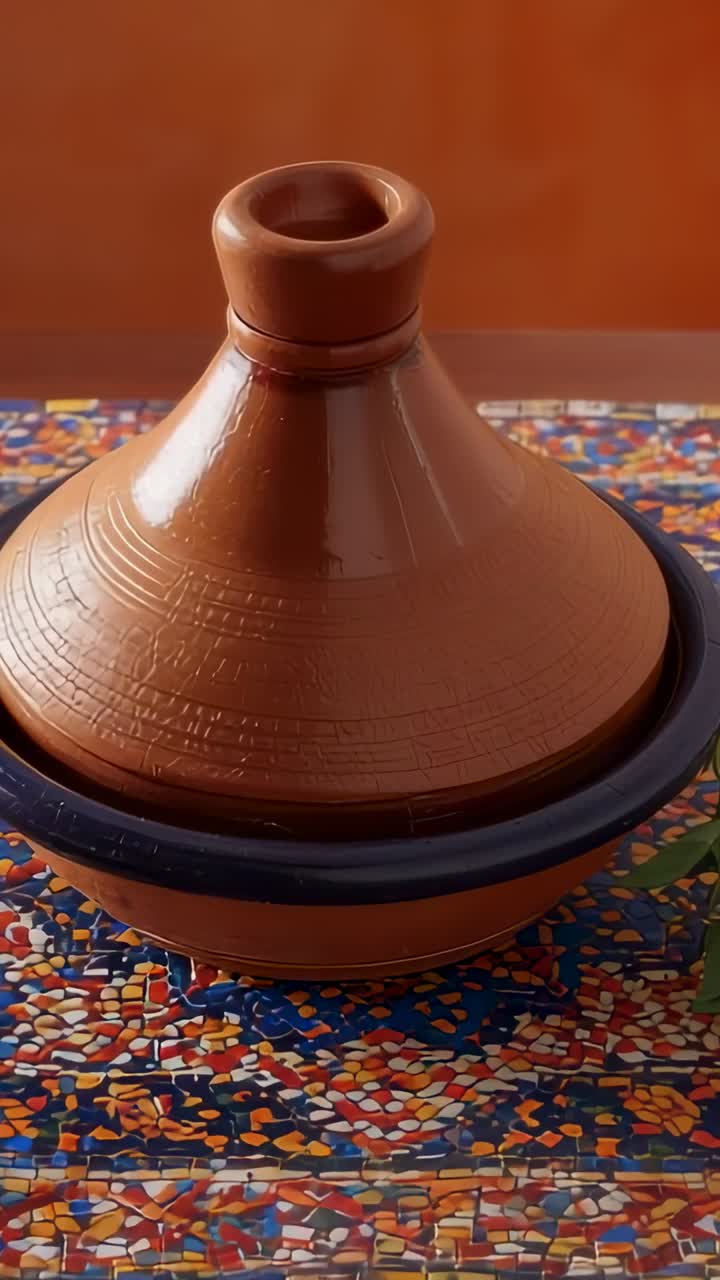 Video verticale: La telecamera si avvicina a una tajine marrone su una tovaglietta a mosaico, enfatizzando la valvola di sfiato.