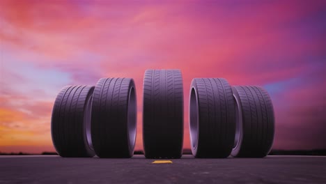 neumáticos de coche de bucle rodando sobre el asfalto en la puesta de sol