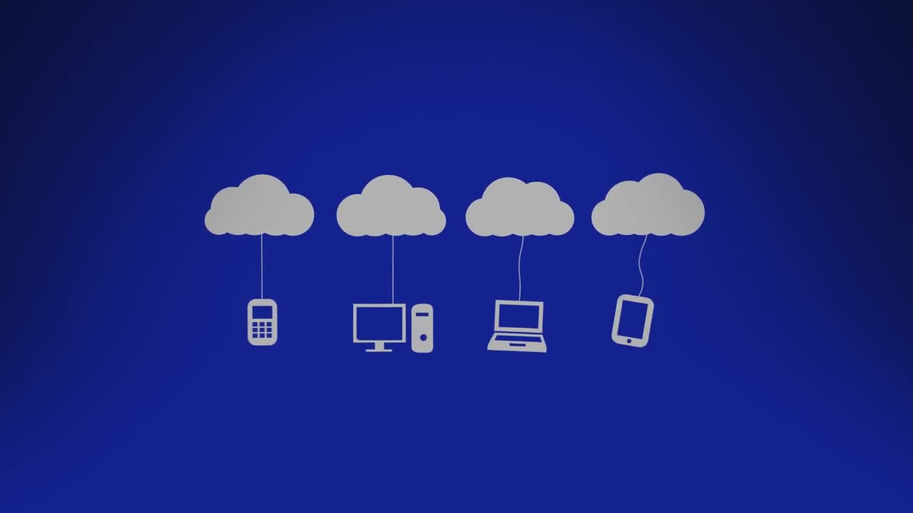 animación de nubes digitales con dispositivos electrónicos sobre un fondo azul