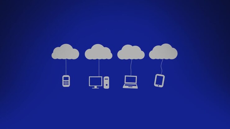 Animation of digital clouds with electronic devices over blue background