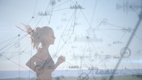 animation of data processing and networks of connections over caucasian woman running on beach