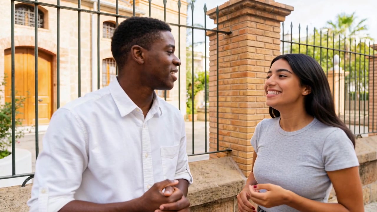 Talking man in white shirt gesturing, joking, woman in gray t-shirt, jeans laughing by brick wall