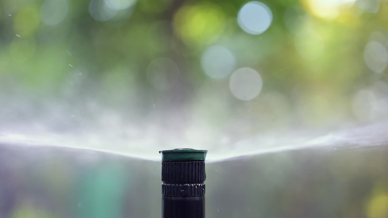 Primo piano di un irrigatore in azione, che spruzza acqua su erba e piante