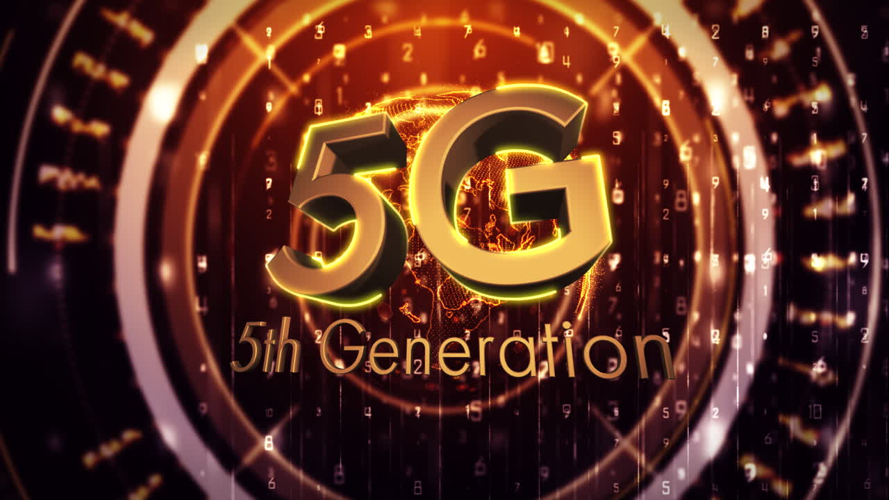 5g 5세대 텍스트의 애니메이션과 회전하는 지구와 스 ⁇  스캐닝