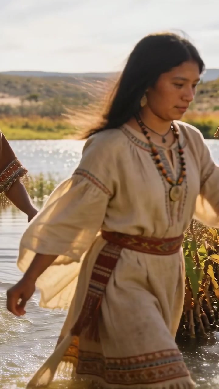 Video verticale: Donna indigena che guada, indossando una tunica e una fascia, che conduce un uomo verso la riva mentre la telecamera segue.