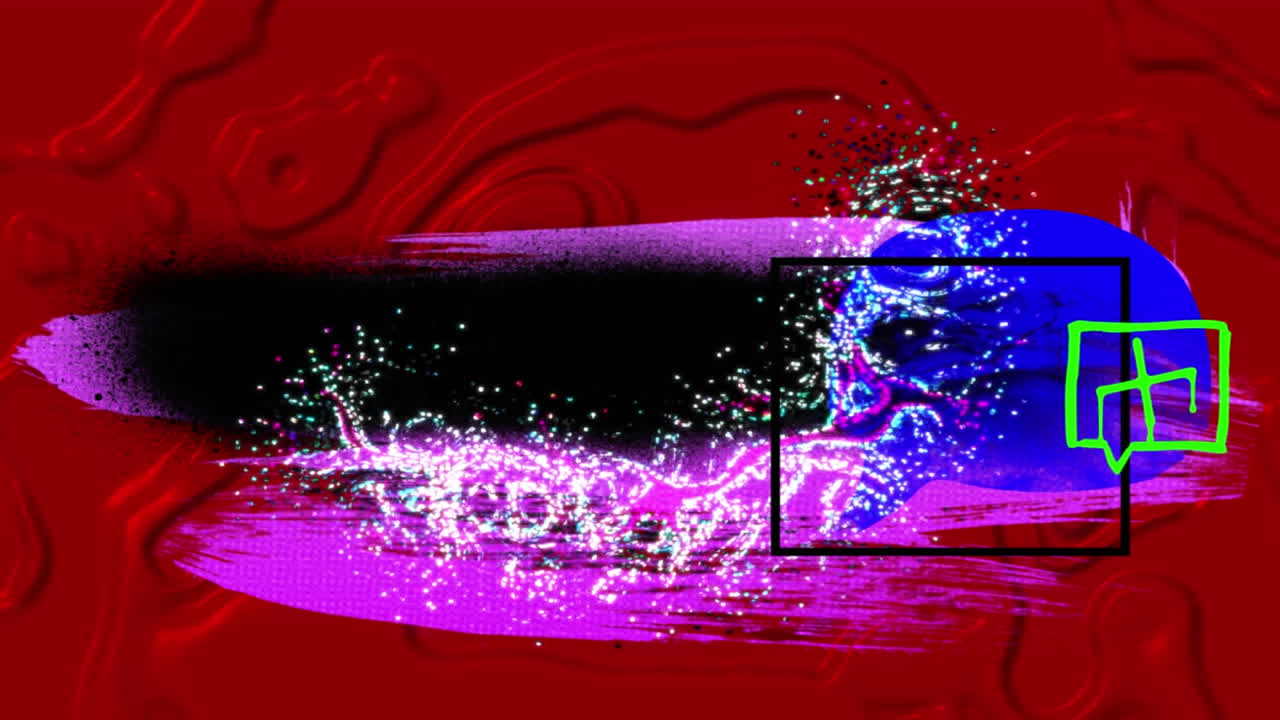 animación de formas rosadas y negras con discursos de burbujas sobre un fondo líquido rojo.