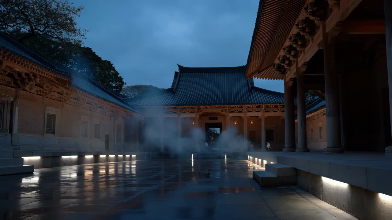 Misty Night in a Traditional Temple Courtyard