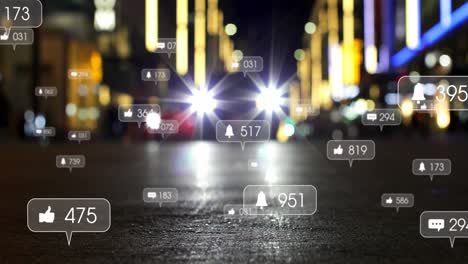 Animation-of-social-media-icons-and-numbers-over-out-of-focus-city-and-traffic-lights