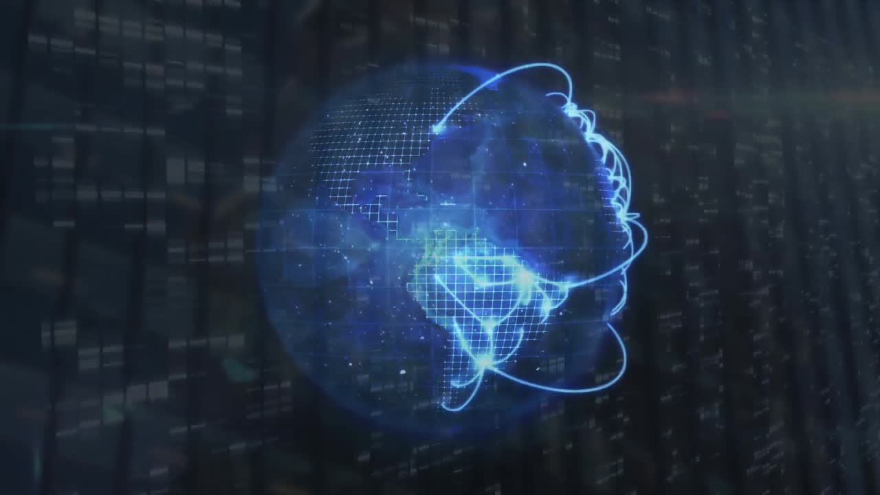 animación de puntos que forman líneas en el globo sobre barras contra un fondo negro