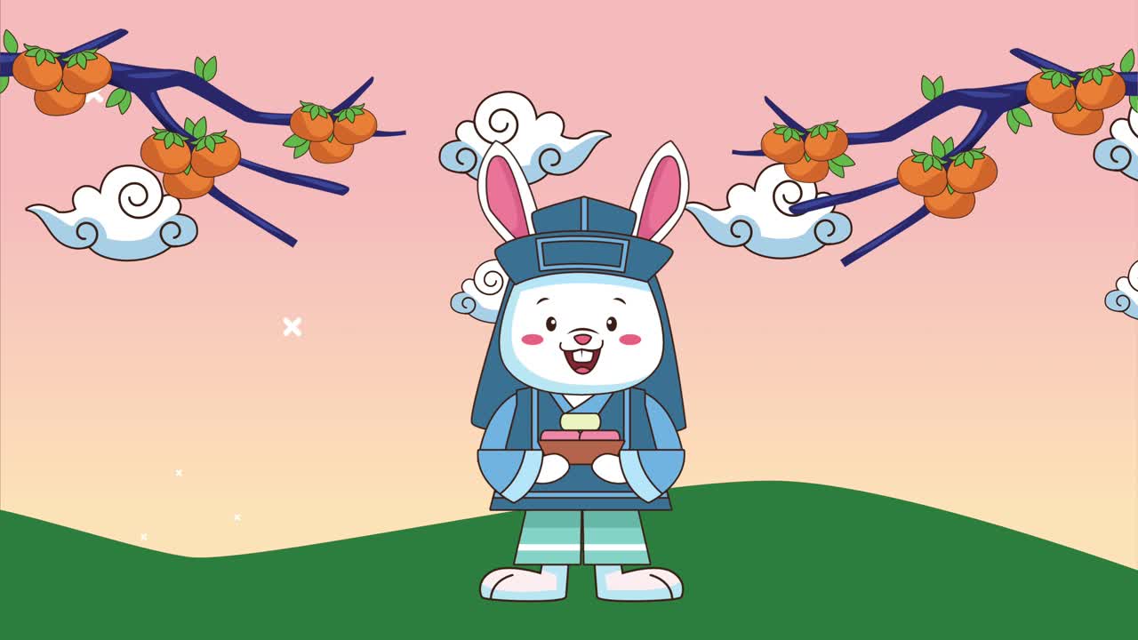 feliz celebración de chuseok con conejos y ramas de árboles en el campo