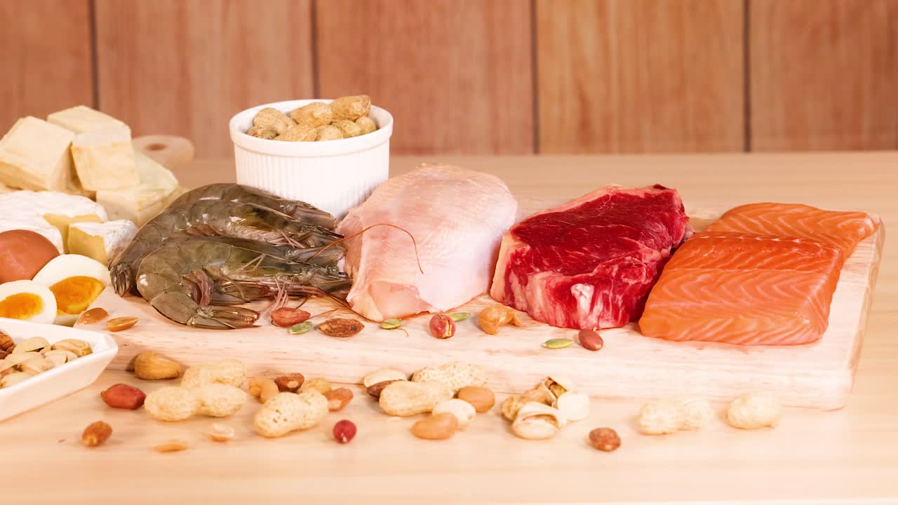 다양한 단백질이 풍부한 음식이 테이블에 전시되어 있습니다.