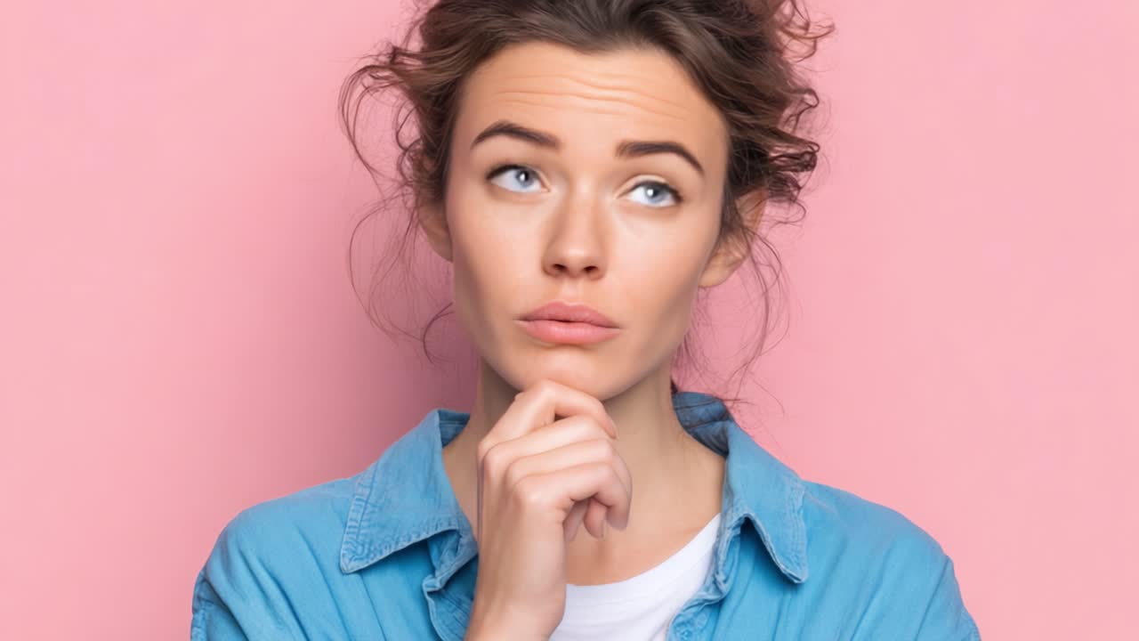 Contemplative Moments: A Woman Deep in Thought Against a Soft Pink Background, Expressing Uncertainty and Curiosity with a Pensive Expression on Her Face