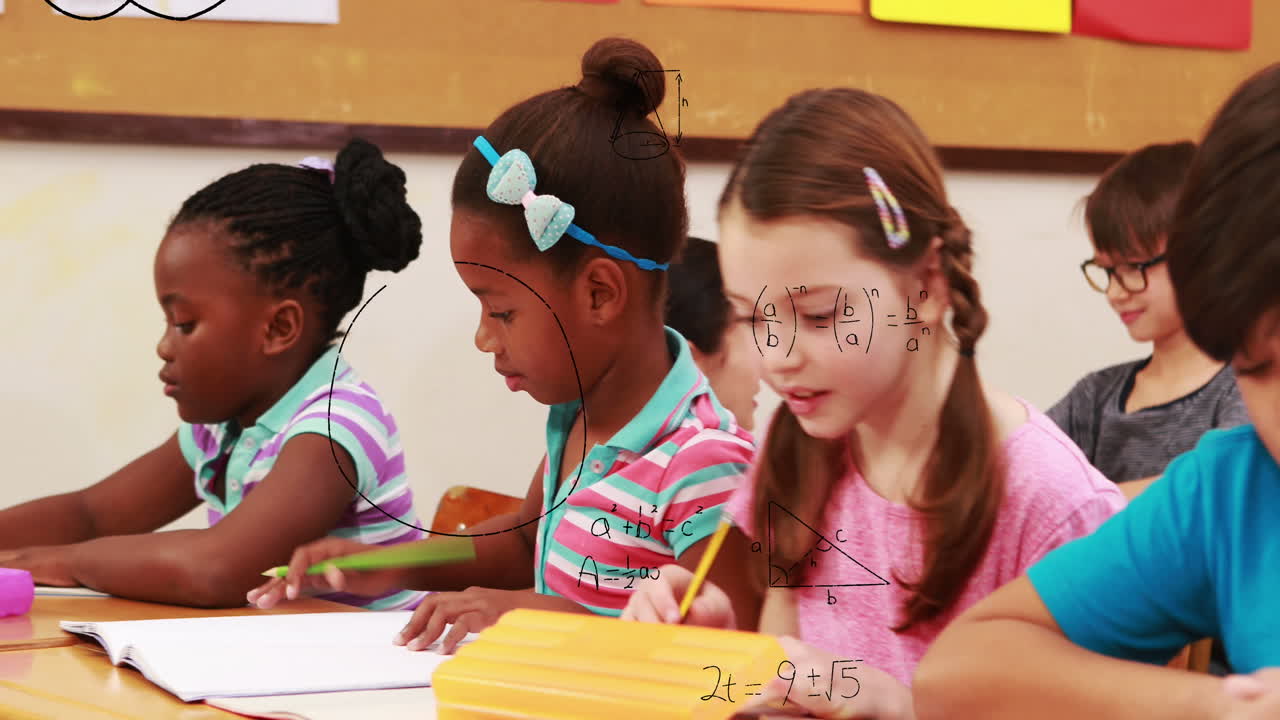 Animation of mathematical equations over diverse group of kids studying in the class at school