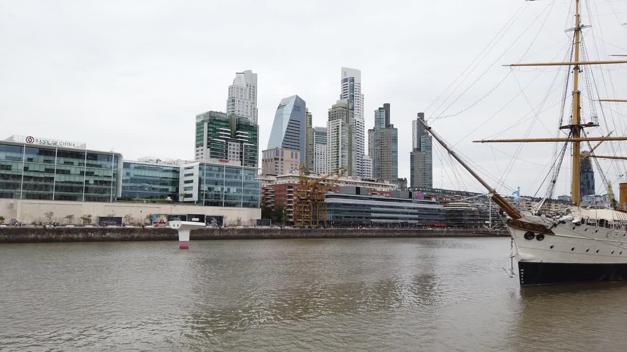 Business Center of Puerto Madero Neighborhood, Sarmiento Frigate, Hotels and skyscrapers in cloudy sunset