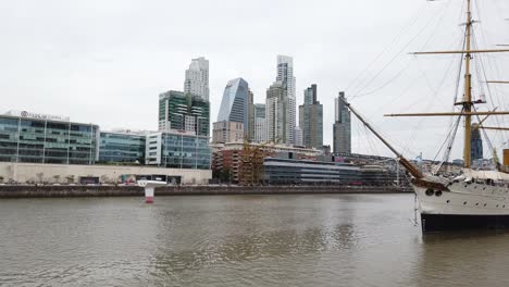 business center of puerto madero neighborhood, sarmiento frigate, hotels and skyscrapers in cloudy sunset