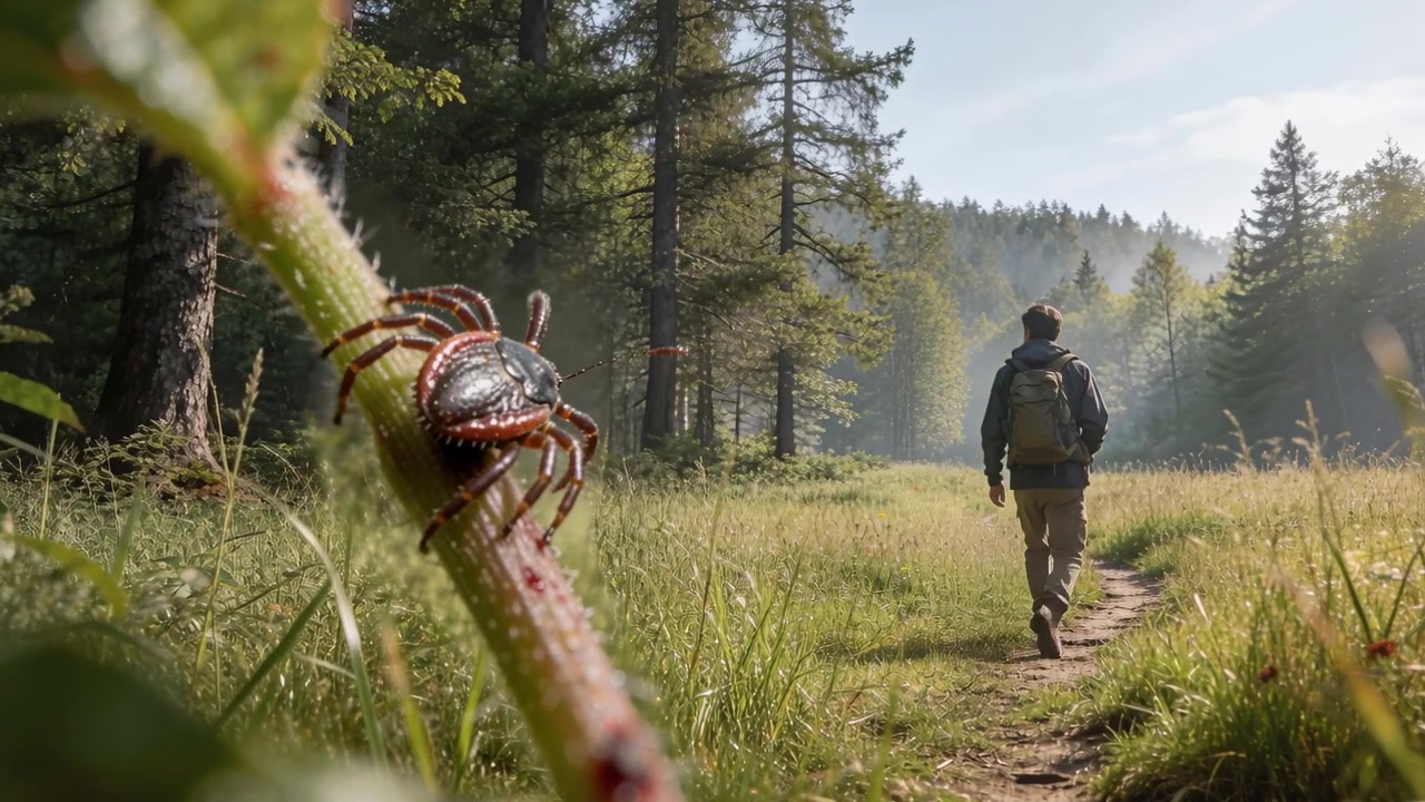Showing tick shifting legs on stem at meadow, backpacked hiker walking into misty forest