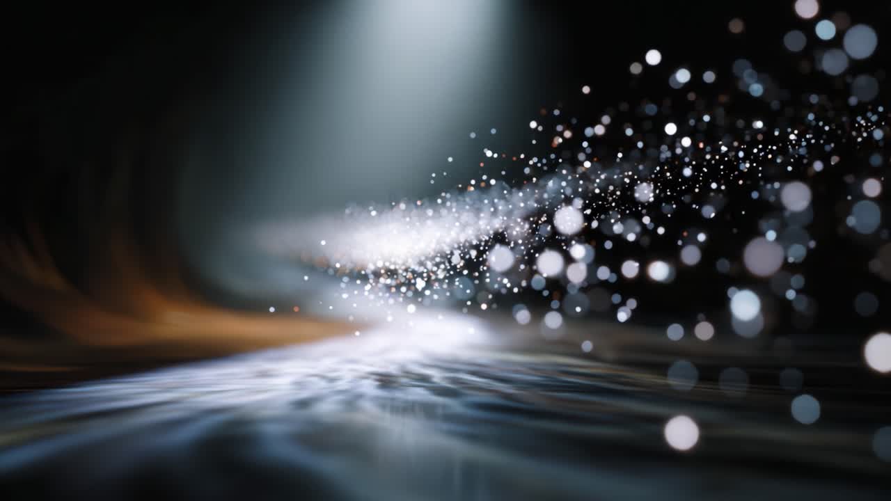 Sentiero di luce eterea: un viaggio magico attraverso particelle scintillanti e acqua fluente in un'atmosfera da sogno di stelle luccicanti e riflessi scintillanti
