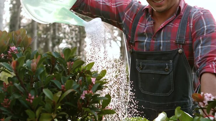 Smiling gardener man watering plants
