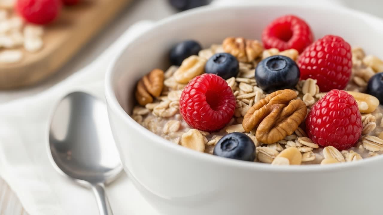 A Healthy Bowl of Oatmeal Topped with Fresh Berries and Nuts, Perfect for a Nutritious Breakfast to Start Your Day Right