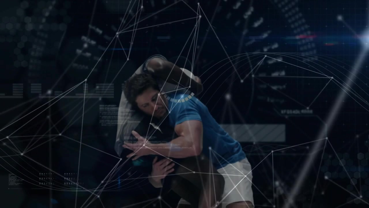 Two athletes are lifting and rotating ball carrier during tackle in dark studio with HUD overlays