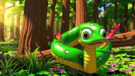 a whimsical cartoon green snake interacting with butterflies in a vibrant forest