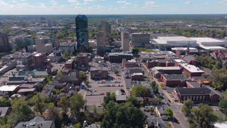 Aerial-drone-view-above-the-buildings-of-Downtown-Lexington,-Kentucky