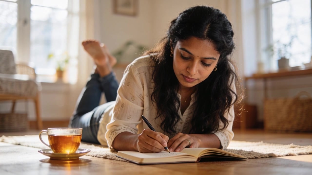 Donna in kurta e jeans che scrive un diario con una penna su un quaderno aperto a casa, con del tè.