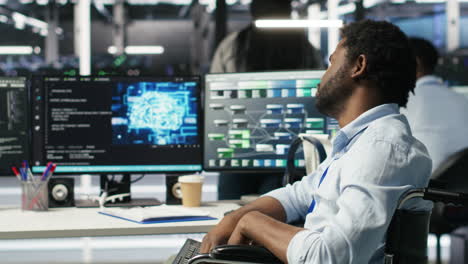 man in wheelchair dissatisfied with server farm ai analytics metrics