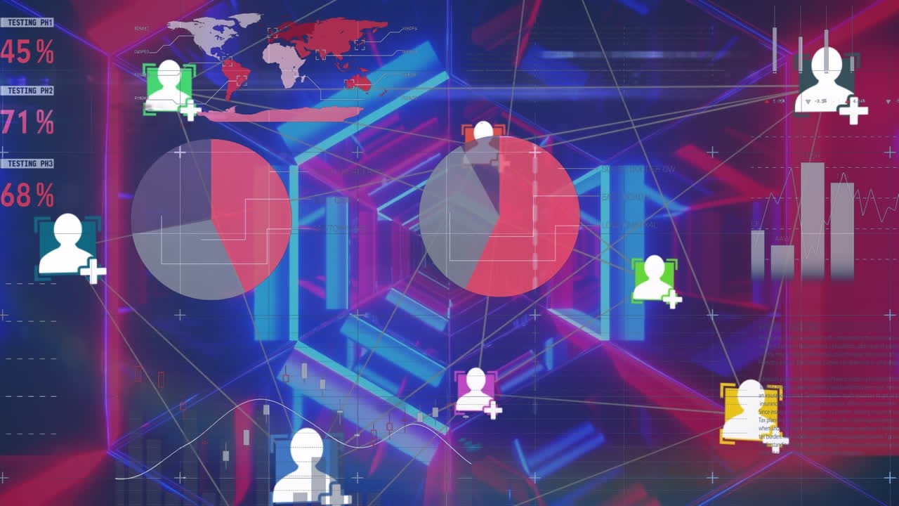 animación de estadísticas, red de conexiones con personas iconos y mapa del mundo con patrón de neón