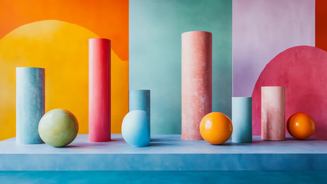 Colorful Geometric Display with Cylinders and Spheres