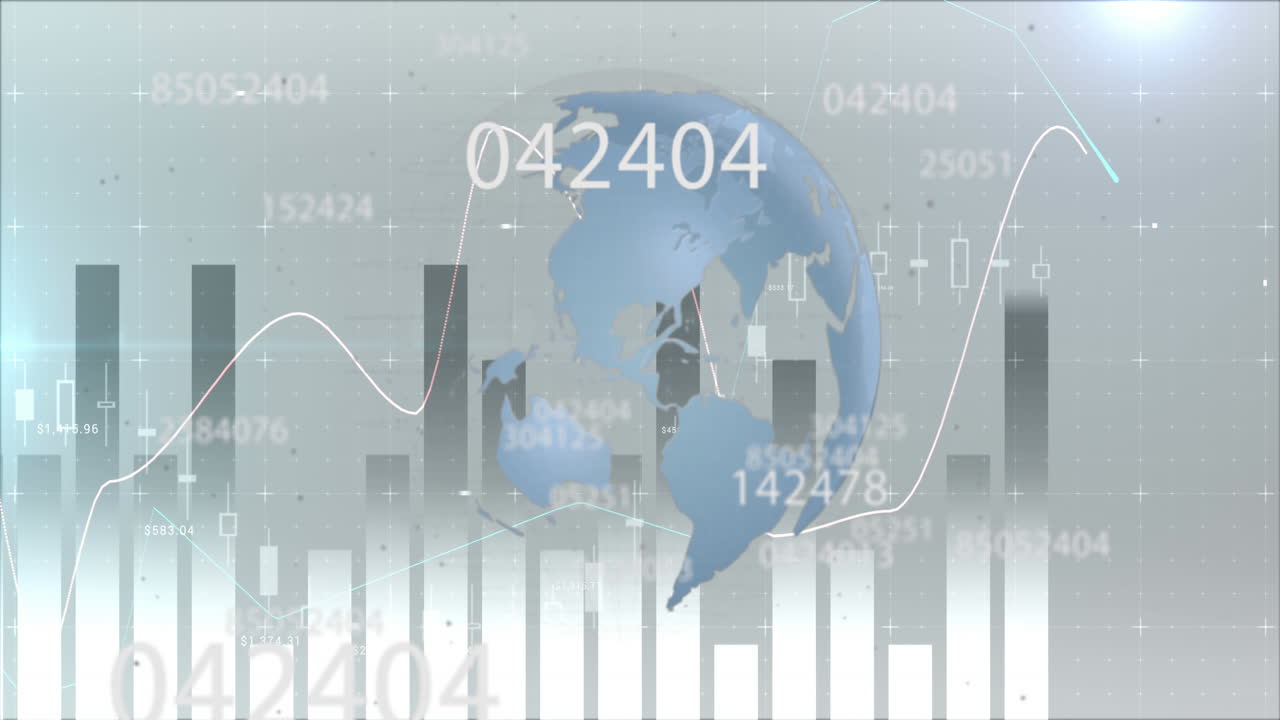 Multiple changing numbers over spinning against statistical data processing on grey background