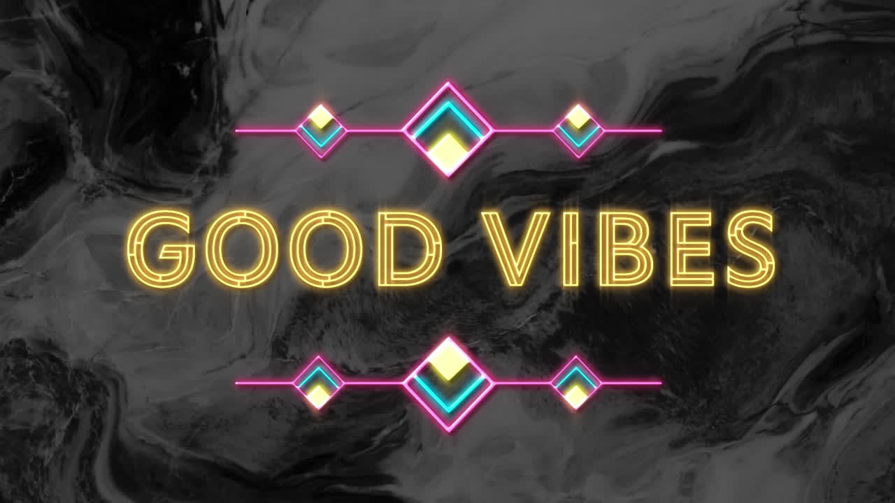 Animation of text good vibes in yellow neon, over black swirl background
