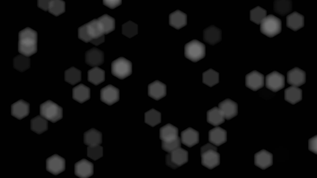 렌즈 블러 하이라이트 보케 효과, 검은색 배경에 떠다니는 흐릿한 육각형 빛 모양, 반복 가능한 애니메이션, 동영상 오버레이