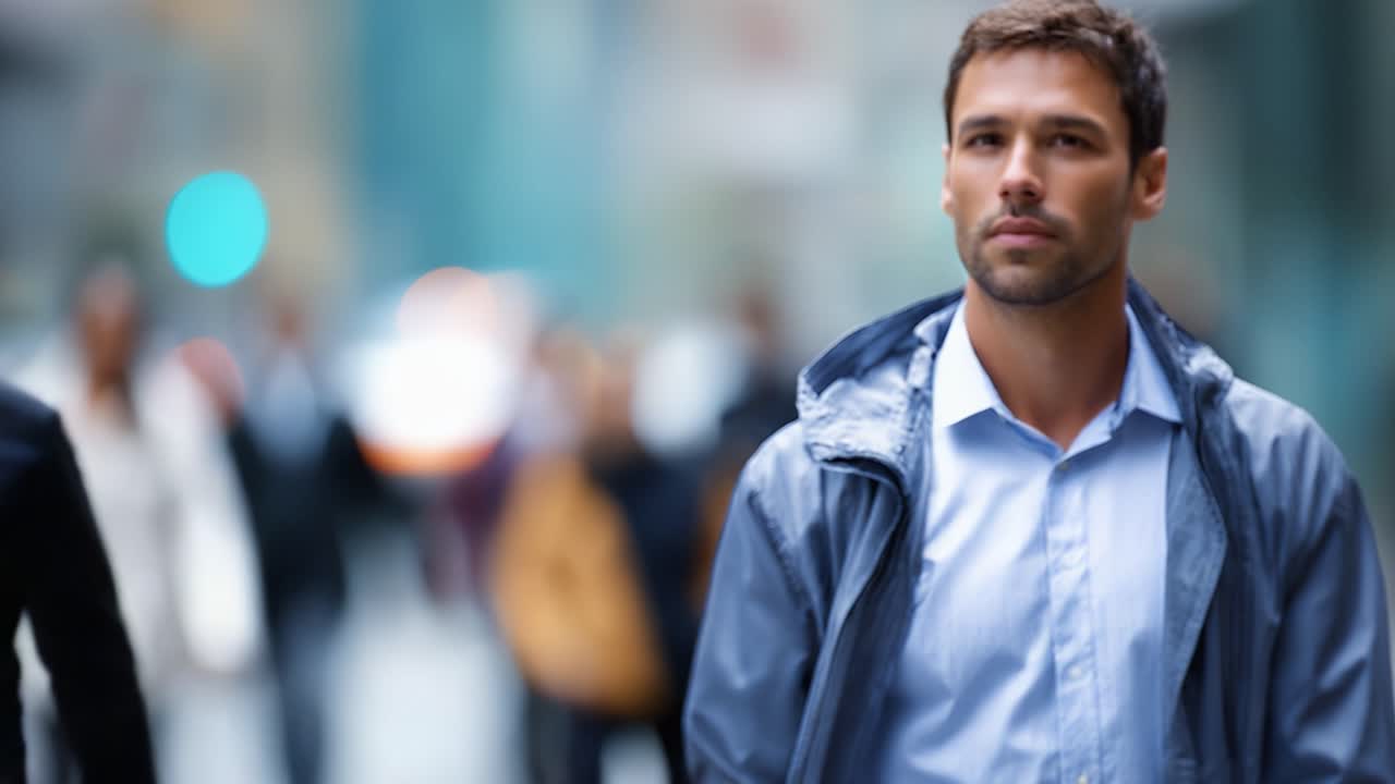 A focused man walks through a bustling city street, surrounded by blurred pedestrians, showcasing urban life in motion with a contemplative expression