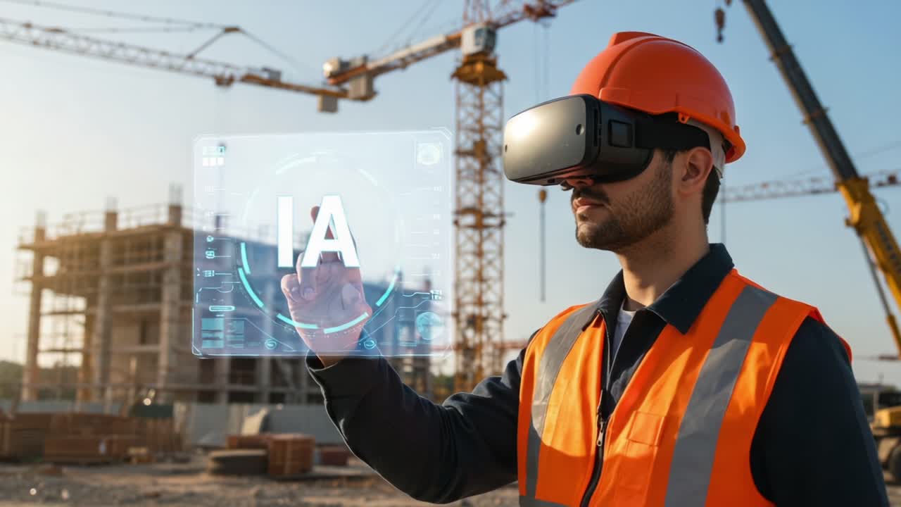 A Construction Worker Utilizing Virtual Reality Technology to Interact with Augmented Reality Data on a Construction Site, Enhancing Project Visualization and Management